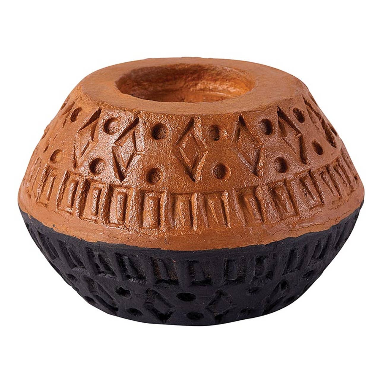 Engraved Two-Tone Candleholder — Hand-engraved terracotta and black tealight holder.