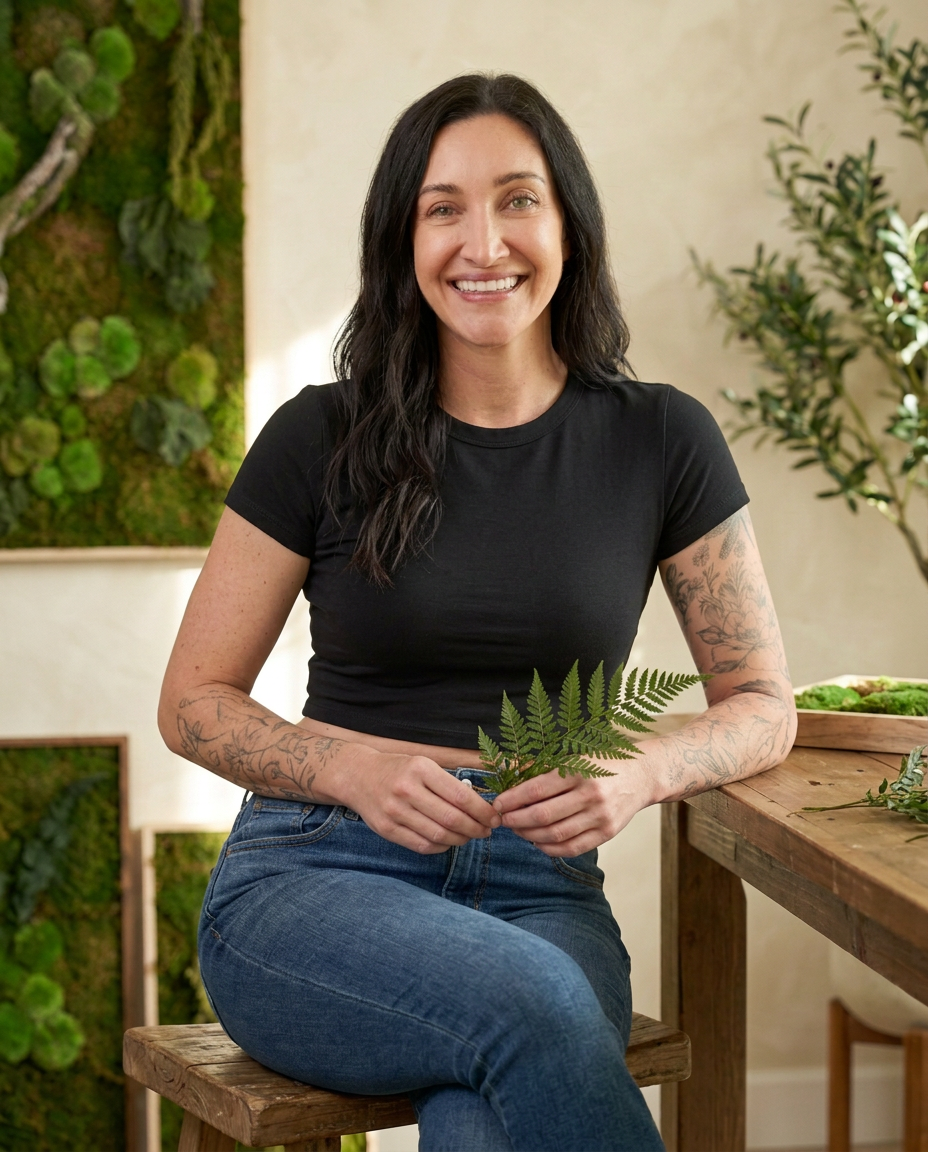 Esther, founder of Rooted in Peace, smiling in her studio